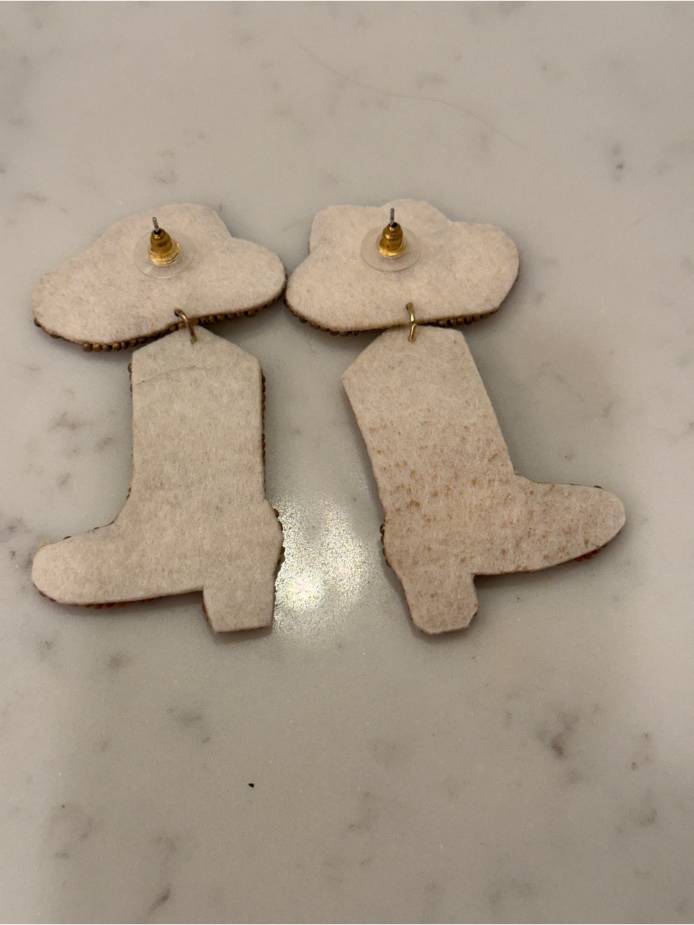 Beaded Cowboy Boot Earrings - White, Brown & Tan - Picture 2 of 2